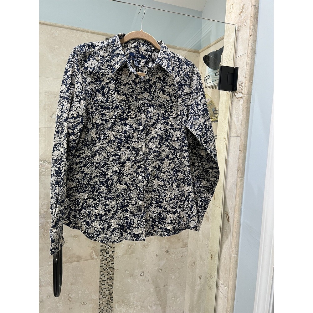 CHAPS Blue Paisley Floral No Iron Button Front Shirt Women's Large L Long Sleeve
